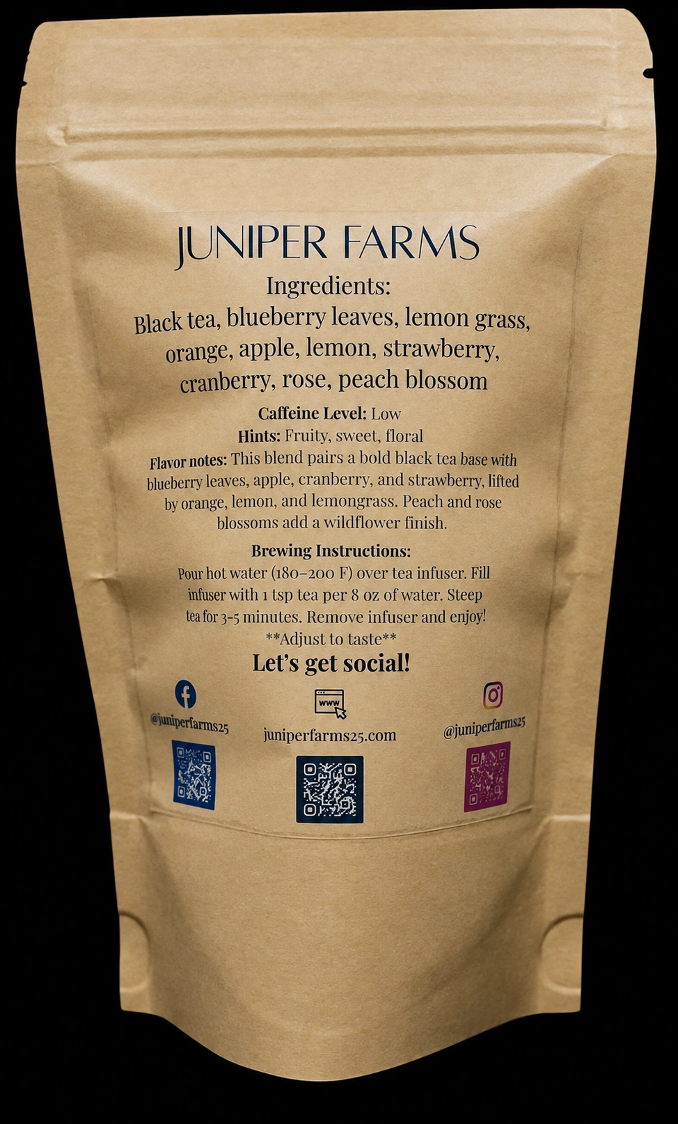Back of a 2 oz Black Orchard loose-leaf tea pouch