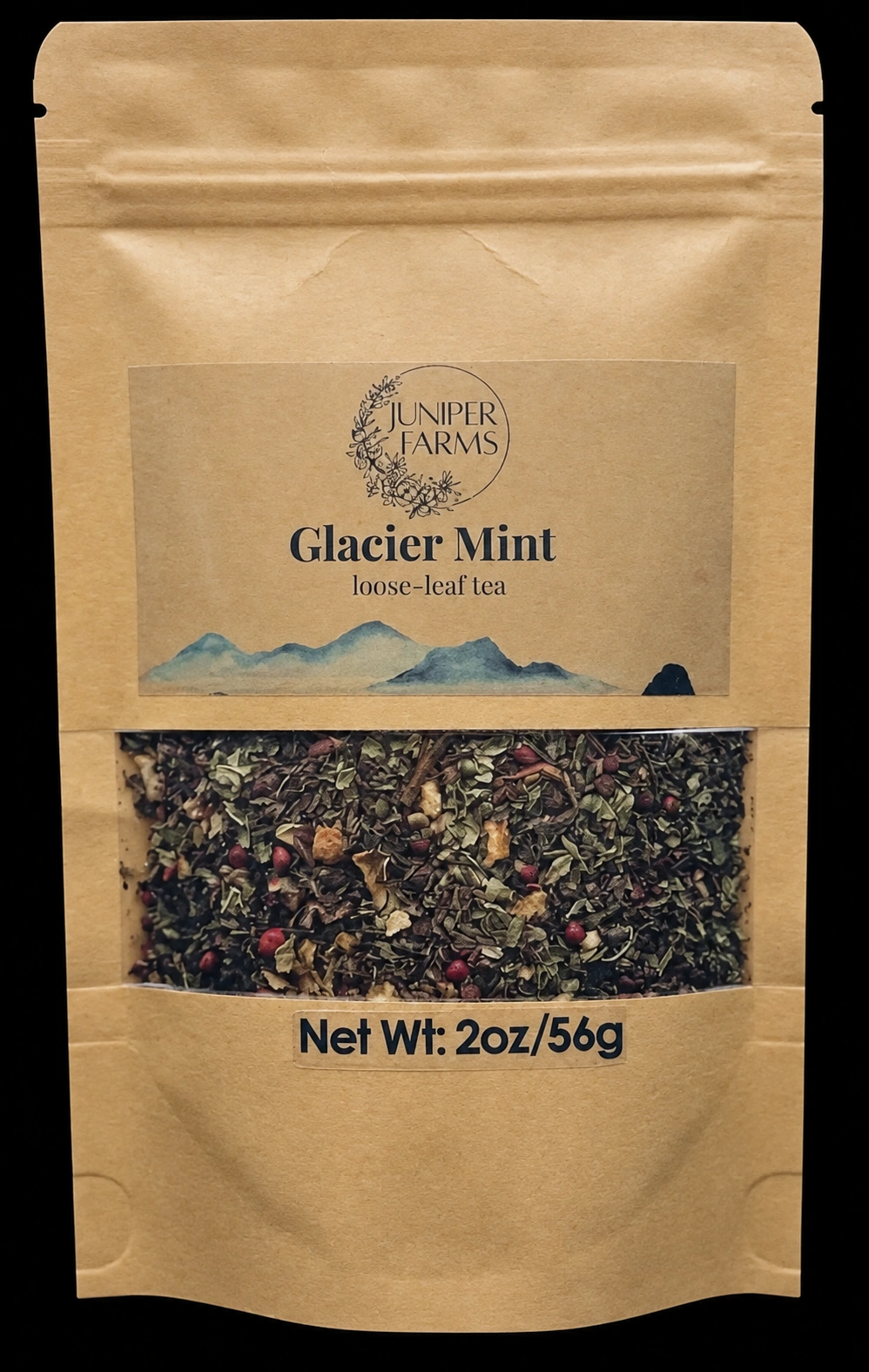 Front of a 2 oz Glacier Mint loose-leaf tea pouch