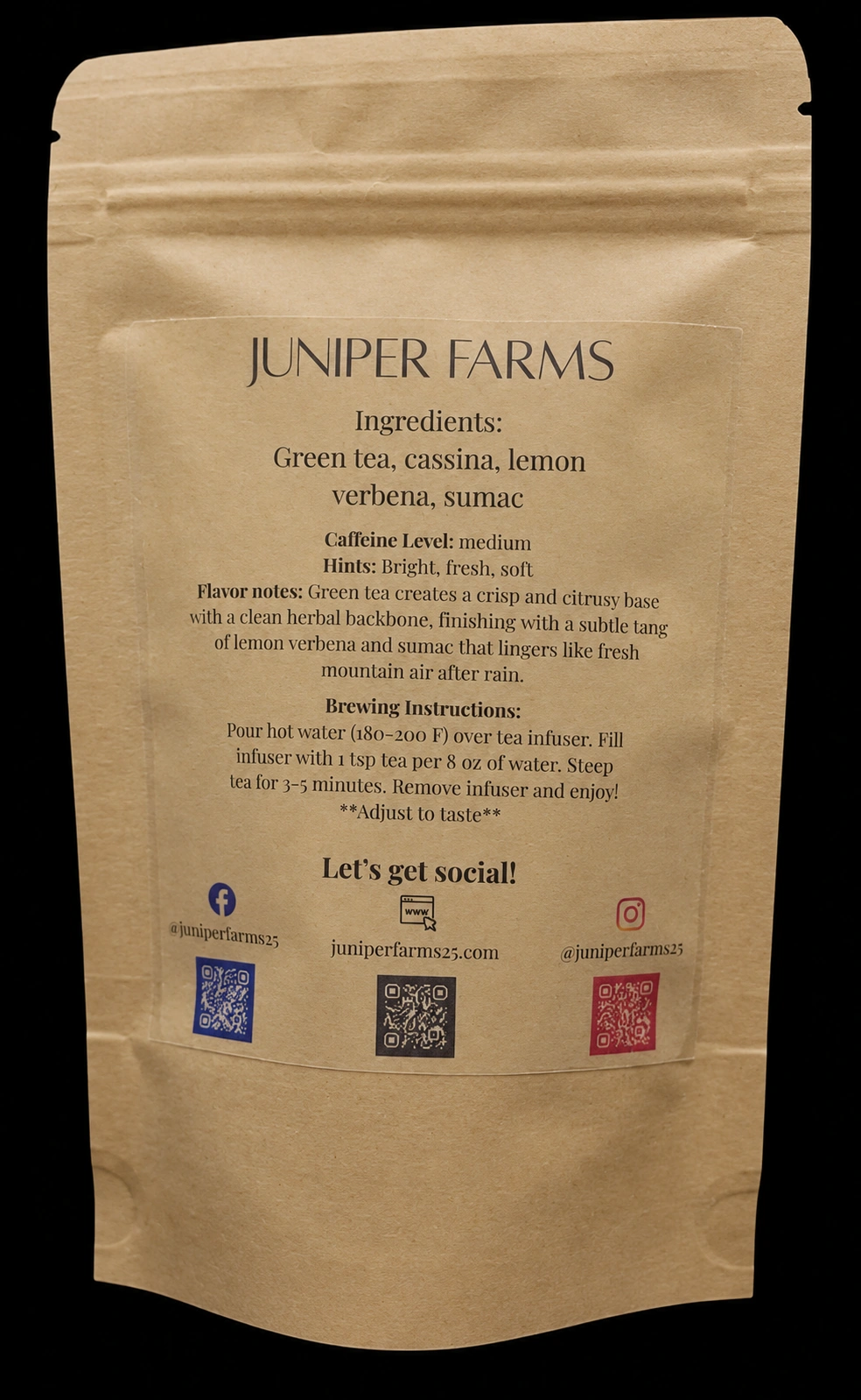 Back of a 2 oz Green Fire loose-leaf tea pouch