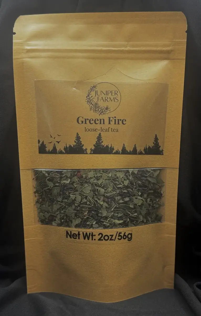 Front of a 2 oz Green Fire loose-leaf tea pouch