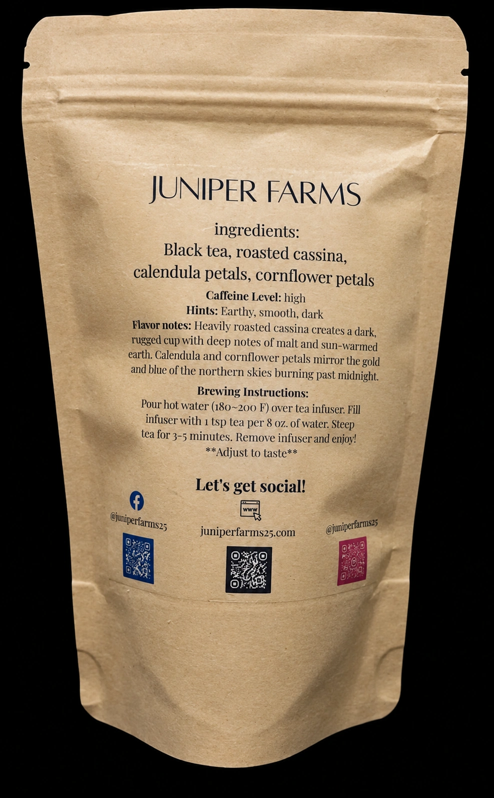 Back of a 2 oz Midnight Sun loose-leaf tea pouch