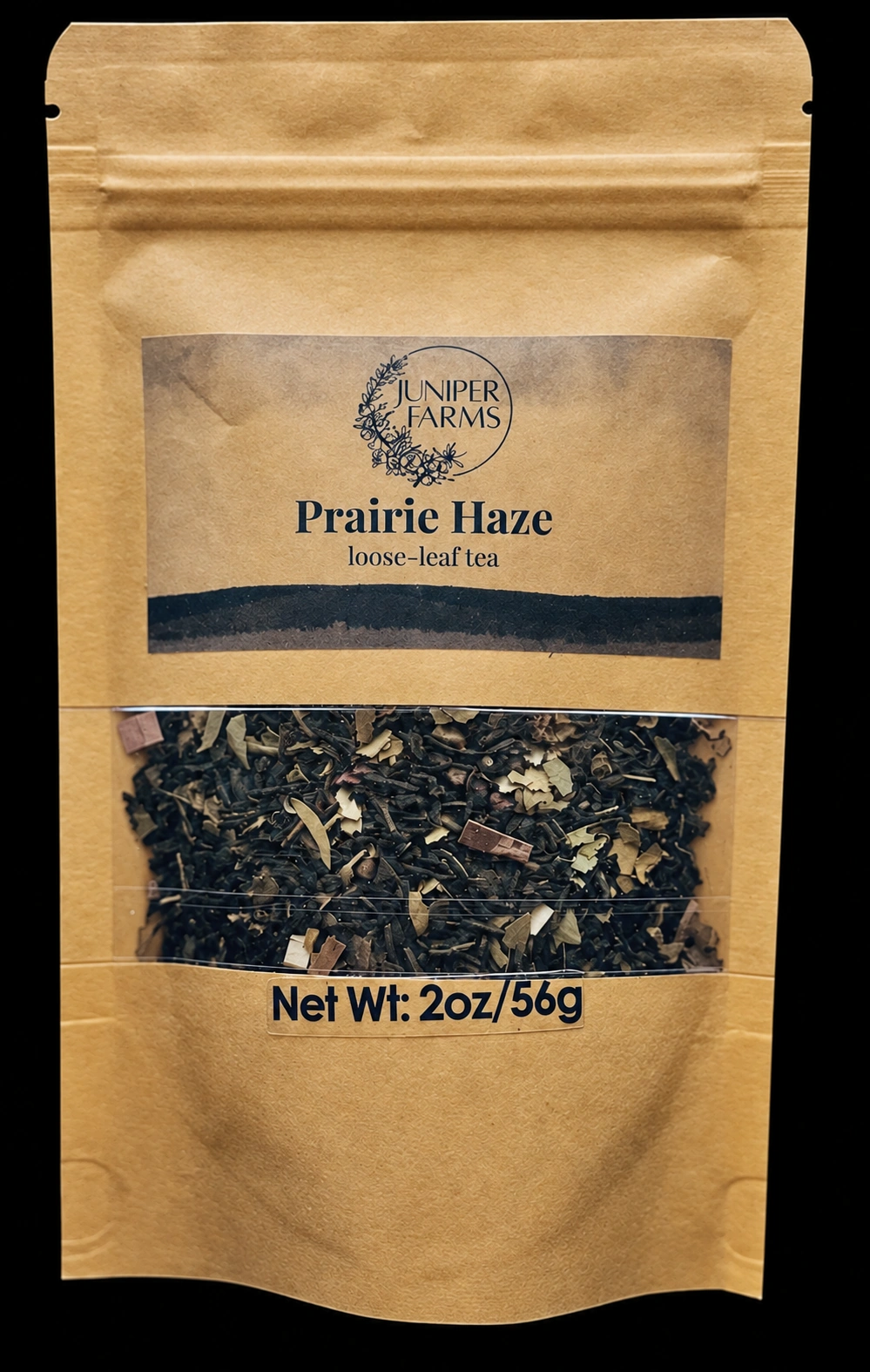 Front of a 2 oz Prairie Haze loose-leaf tea pouch