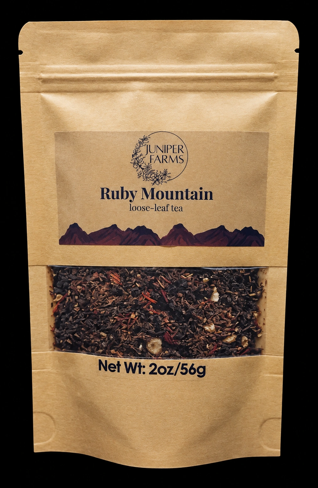 Front of a 2 oz Ruby Mountain loose-leaf tea pouch