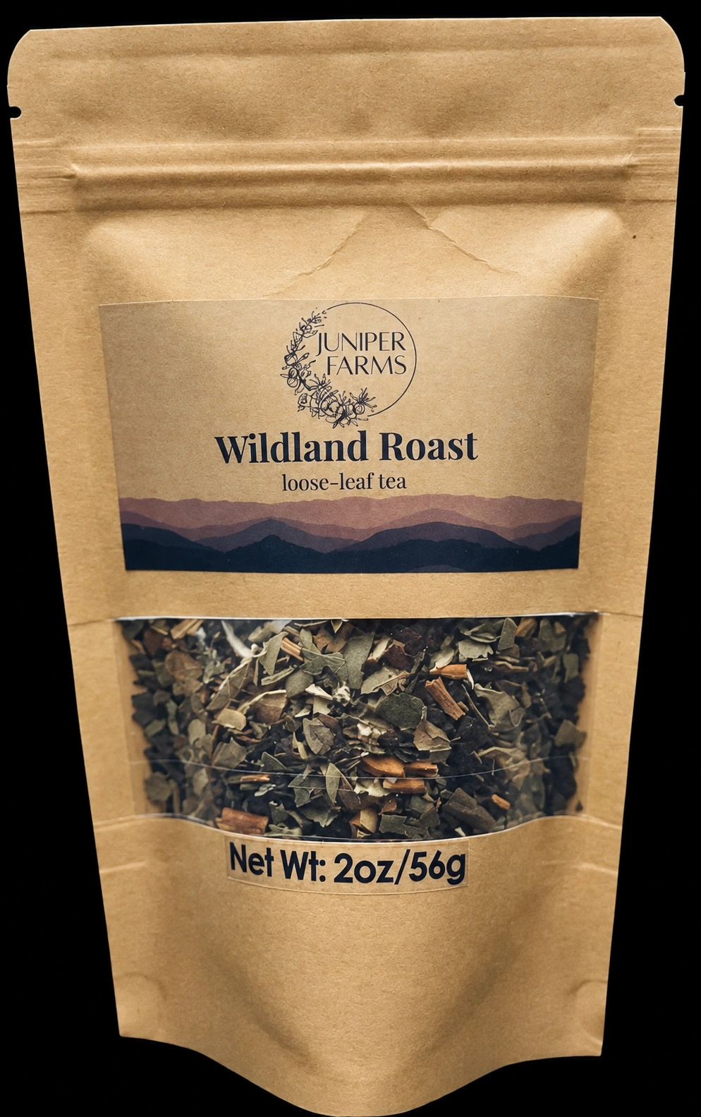 Front of a 2 oz Wildland Roast loose-leaf tea pouch