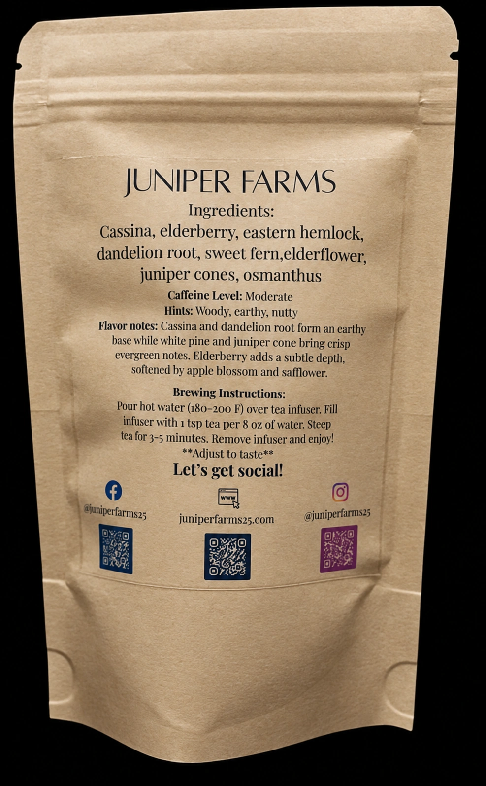 Back of a 2 oz Woodland Cassina loose-leaf tea pouch