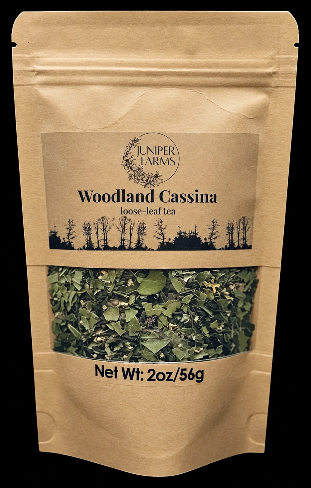 Front of a 2 oz Woodland Cassina loose-leaf tea pouch